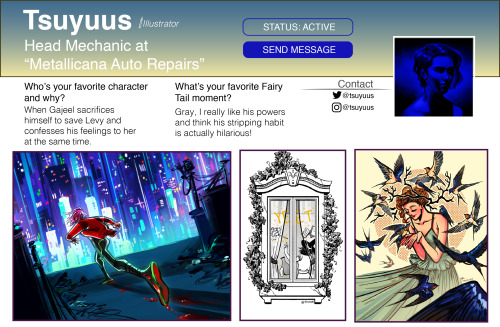 Please Welcome our employee of the day: Tsuyuus!Role: IllustratorCareer: Head Mechanic at “Metallica