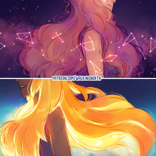 alwayshumancomic: Snippets of wallpapers I’ve posted to Patreon recently.Glowy hair is so much