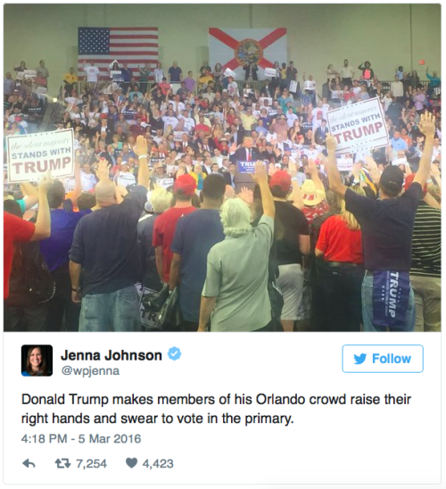 agentasshole:  oncesupermerwholocktter:  micdotcom:  Donald Trump has Florida supporters raise their right hands and pledge loyalty At a rally in Orlando, Florida, Republican presidential frontrunner Donald Trump asked his supporters to raise their right