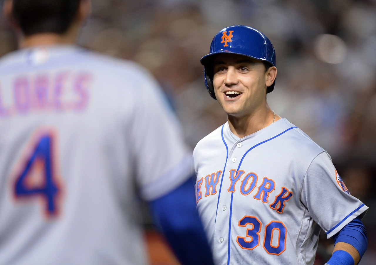 harveydegrom:New York Mets left fielder Michael Conforto reacts after hitting a three