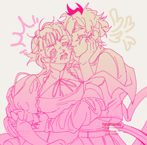 Digital fanart of the pairing Atsushi/Lucy from Bungou Stray Dogs. The doodle is lined in hot pink, and colored in a beige to baby pink gradient. Atsushi is wrapping his arms around Lucy's waist and attempting to give her a kiss. Lucy looks flustered and frustrated, while cupping Atsushi's face in an attempt to stop him from kissing her cheek. They are drawn in everyday civilian outfits.