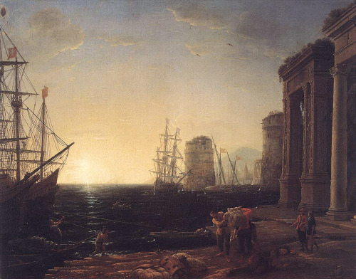 Harbour Scene at Sunset, 1643, Claude LorrainMedium: oil,canvas