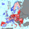 Projected change in population between today and 2080 in Europe.
[[MORE]]Data
This map shows how Europe’s population is projected to change by 2080. For example, the population of dark red areas is projected to be less than half of what it is today,...