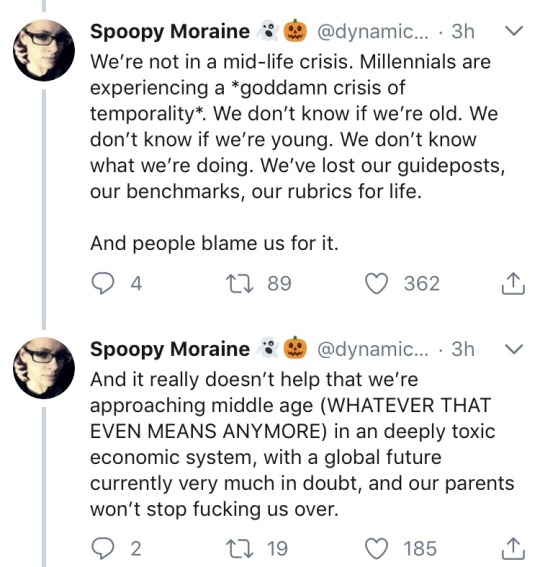 quasi-normalcy: unicornempire:  elencaorange:  Twitter  This is some truth laid down right here boy.   Millennials have essentially been forced into a perpetual teenagerhood by socioeconomic circumstance, we desperately want to grow up, and we’re worried