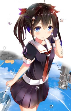 艦隊これくしょん、改造後（艦これ）、時雨（艦これ）、高解像度、シャツ、スカート、ネクタイ、ロングヘア、ツインテール、ショートスリーブ、ブラックスカート、hair flaps、haruno suzuran