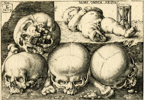 After Barthel Beham, Three skulls and thigh bones, a fourth skull piled on top, and a dead baby boy 