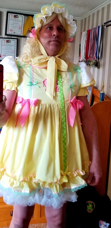 stevediapered: Mommy has had me locked up in my dress and panties and wig all day . She is almost ho