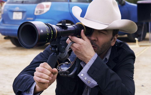 Tom Ford with Amy Adams, Jake Gyllenhaal and Michael Shannon while filming Nocturnal Animals (