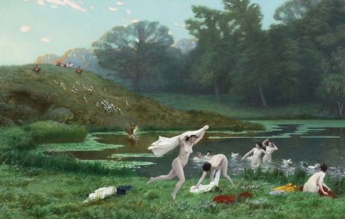 Diana and Acteon (1890s) by Jean-Lon Gerome (1824-1904).In this painting a stag (Acteon) is being ch