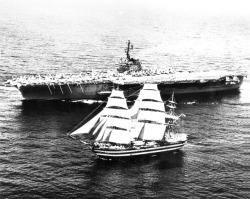 adulthoodisokay: thehoneyedmoon:  uss-edsall:  While sailing in the Mediterranean sea, in 1962, the American aircraft carrier USS Independence (CV-62) flashed the Italian Amerigo Vespucci with light signal asking «Who are you?», the full rigged ship