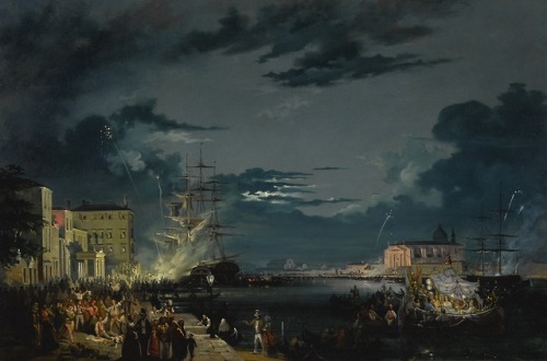 catonhottinroof:Carlo Grubacs (1802 - 1870) Feast of the Redentore in Venice by moonlight