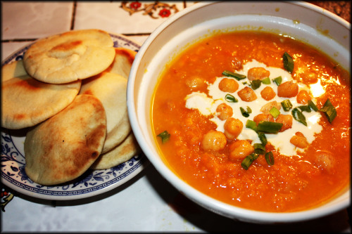 CARROT SOUP WITH LEMON, TAHINI, AND CRISPED CHICKPEAS Adapted from Smitten Kitchen From the second t