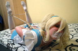 kinkyroom:  Alice shibari adventure 2 by Natsuko-Hiragi“Short time later Alice is tied in a realy strickt hogtie… She  cant barely move… After the Rabbit leaves the room to have a cup of  Tea. Alice trys to struggle has hard as she can but its usless…