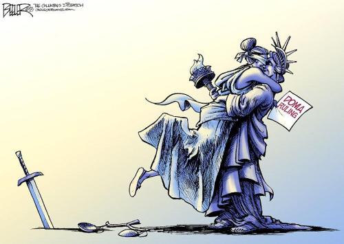 contentmint:  irisbleufic:  Top: Mirko Ilic, 2004 / Bottom: Nate Beeler, 2015    #i love how over a decade ago someone decided that they were gonna ship these two statues of abstract concepts#and now they are just lesbians. they just are. that is how