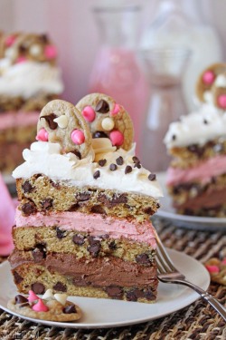 delectabledelight:  neapolitan chocolate chip cookie cake. 