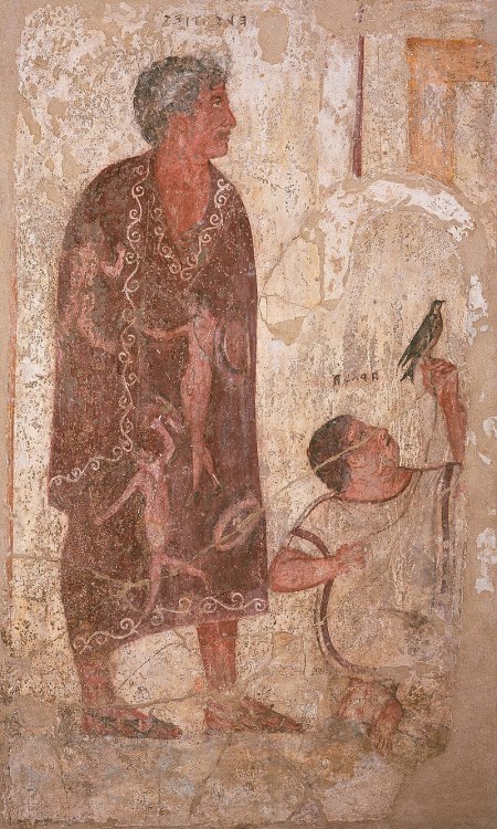 tintinnabulums: Portrait of Vel Saties wearing a toga picta (left) and Arnza holding a bird (right).