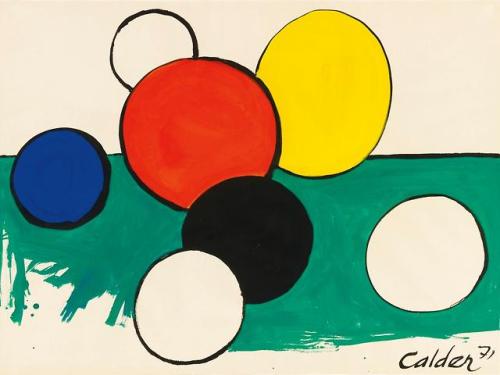 a-la-belle-e-toile:Alexander Calder - Orbs on Green Ground, 1971, ink and gouache on paper, 58.1 x 7