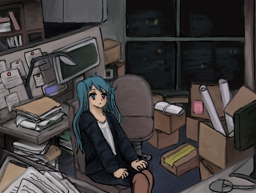 yourneighbortoasty:doodle of 31 year old miku working at the office during the holidaystwitter