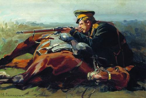 Astrakhan Cossack taking aim from his prone horse. Painted by Nikolai Samokish at the end of the 19t