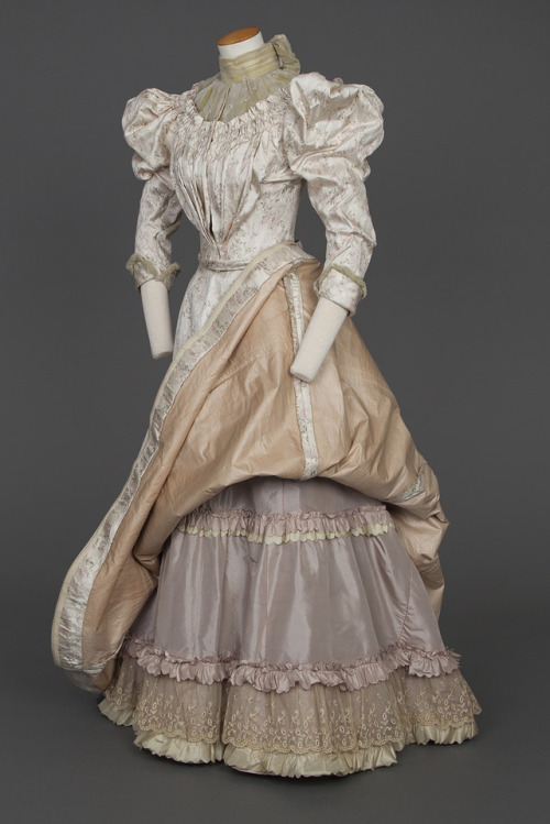 historicaldress:Bridesmaid Dress, 1896Cream silk brocade bodice and skirt with a pale pink and green