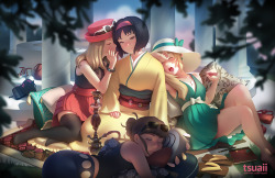 Tsuaii:  Erika And A Few Of Her Pokémon Trainers, Lounging About… Painted For