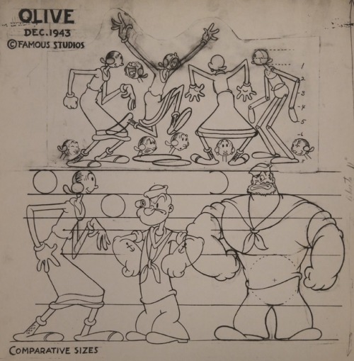 Model sheets for Popeye, Olive, and Bluto (Famous Studios era).