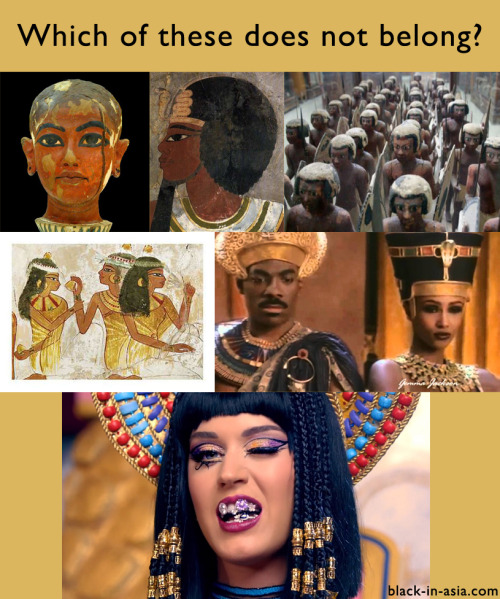 blackinasia:  [image description: Series of photos with the label, “Which of these does not belong?” at the top. There are 5 images of ancient Egyptian art depicting ancient Egyptians clearly as a dark brown and black skinned people with broad features.