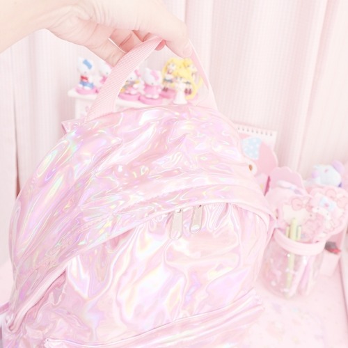 honeysake:♡ Cute Pink Holographic Backpack- Buy Here ♡Discount Code: honey (10% off your purchase!!)