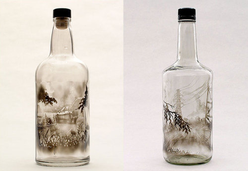 coolthingoftheday:  Artist Jim Dingilian fills bottles with smoke, and then uses hard-bristled brushes attached to wooden rods to brush away the debris on the inside of the glass, creating vividly detailed scenes.