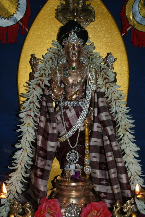 Sri Perumal at Vamana Dvadasi, with Saraswati and ganesha, my household shrine.