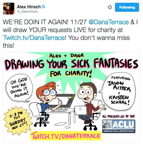 hollycrowned: Alex and Dana are holding another charity livestream—featuring Jason Ritter and 
