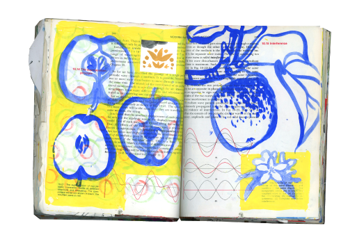 Some fruit-filled sketchbook spreads for this week.acrylic and collage.