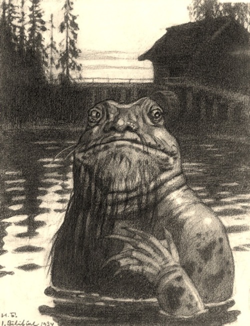 Vodyanoy, the Water Sprite (1934). By Russian artist, Ivan Bilibin. I like how the creature kind of 