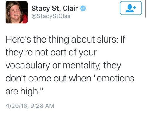 image-descriptions: [Tweet by Stacy St. Clair @StacyStClair Here’s the thing about slurs: If t