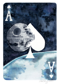 winterthirteen:  ace of spades, death star{watercolor, ink &amp; graphite}part of the stack the deck exhibit TONIGHT! @ the hub gallery and studios 