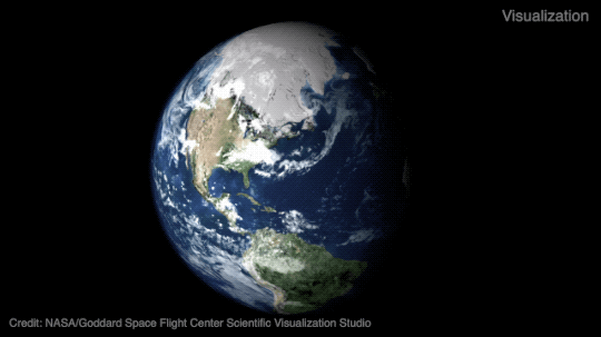 This animated visualization depicts Earth rotating in front of a black background. Land in shades of tan and green lay among vast blue oceans, with white clouds swirling in the atmosphere. The image is watermarked with the text “Credit: NASA/Goddard Space Flight Center Scientific Visualization Studio” and “visualization.”