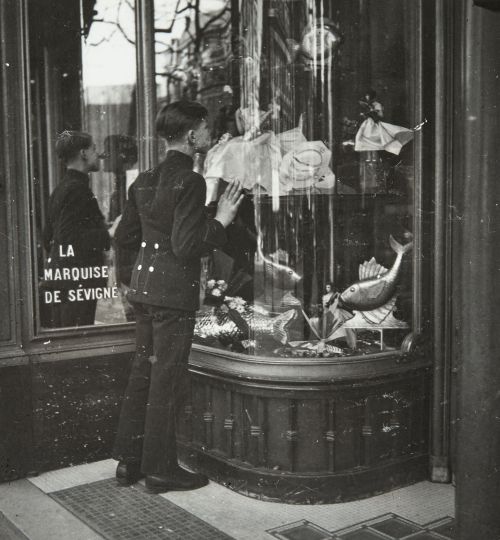 fragrantblossoms: Dora Maar.  Showcase (La marquise de Sévigné chocolate factory) - Paris, c. 1935. 