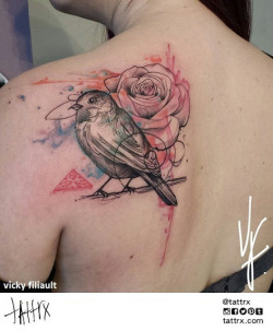 Watercolor Bird and Rose Tattoo Artist: Vicky Filiault // Montréal, Canada