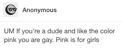 popculturesavvyangel: charlesoberonn:  teamstarpluskid:  mewchamp:  mewchamp:  “Ew you’re a guy and like the color pink are you gay?”          I’ve been waiting for this post all my life 