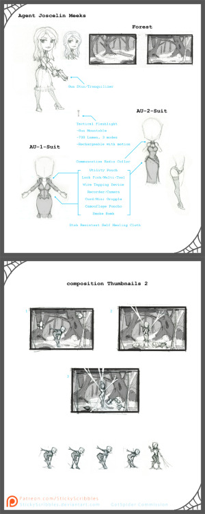 Here is a preview from a neat commission, created for :icongotspider: gotspiderAgent Meeks Spider Adventure.These are some of the character concepts of the agent as well as composition thumbnails for feedback/review. There will be three more page of drawi