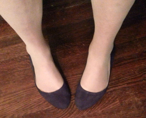 Black suede flats from H&M with Nude Sheer-To-The-Waist pantyhose.