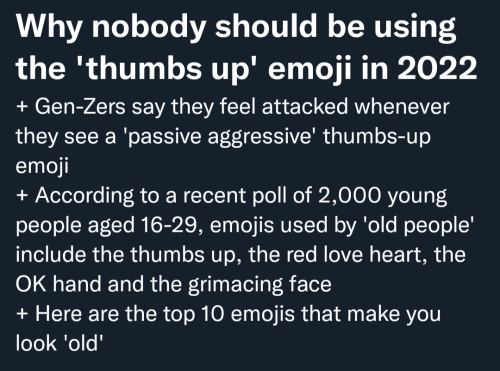 derinthescarletpescatarian:mollyjames:dragongirltitties:dragongirlafro:ok i know i’m one to talk but genuinely if you think 👍 or ❤️ is “passive aggressive” you might be spending a bit too much time on your phone jeez louise who