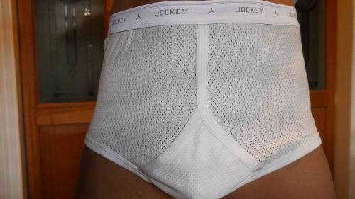 seriousunderwearcollectors: WHITE MESH WITH SOLID FLY PANEL &amp; GREY LETTERING ON WAISTBAND JO