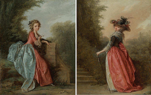 Two elegant ladies in a park by Jean-Baptiste Hilaire , c. 1785 