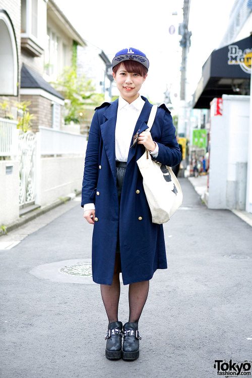 LA cap w/ navy coat &amp; bejeweled booties in Harajuku.