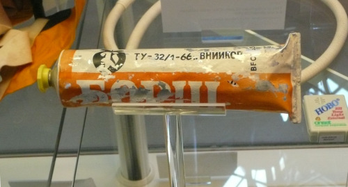 A tube of borscht soup produced in Estonia for the Soviet space program.  Currently on display at th