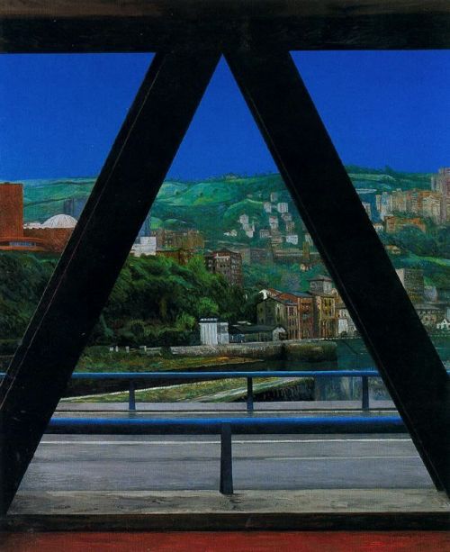 From the Euskalduna bridge   -    Clara Gangutia  ,1997. Spanish, b.1952-Oil on canvas,  46 x 38 cm.