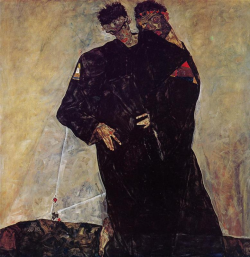 ny-bb:  Egon SchieleHermits 1912This rare double portrait shows Schiele and his mentor, Gustav Klimt (1862-1918), standing together, nearly as one. For all the similarities in their art, Schiele spent much of his career seeking to break free of Klimt’s