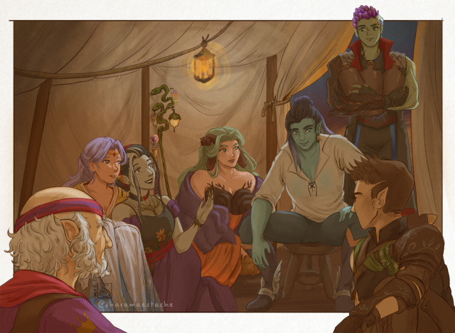 Fanart of Critical Role, episode 93. Bell\'s Hells sit inside of a tent together, all looking a bit relieved. Ashton is entering with their arms full of large liquor bottles. Imogen and Laudna are cuddled up together. Chetney sits in the foreground looking at the group. Fearne is sitting near Dorian. Dorian is smiling towards Orym, who\'s expression cannot be seen in the illustration.