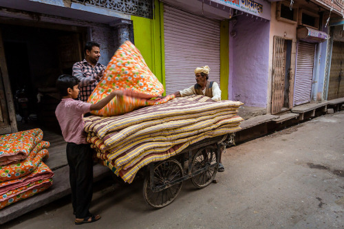 Collecting Mattresses by João Maia Early morning in Bundi. A man and his son are loading a cart with